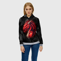Толстовка-худи женская Красный дракон на полигональном черном фоне, цвет: 3D-меланж — фото 2
