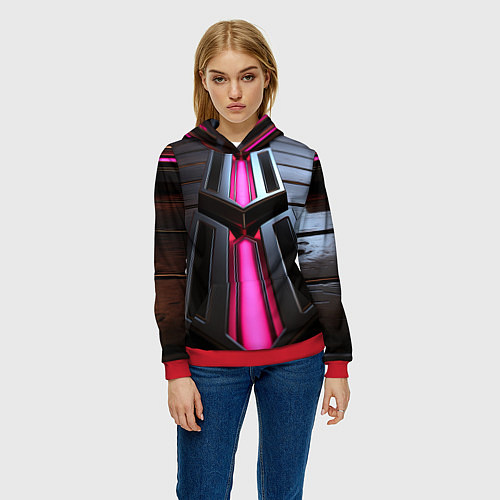 Женская толстовка Розовые неоновые вставки в черной конструкции / 3D-Красный – фото 3