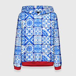 Толстовка-худи женская Голубая плитка из кухни, цвет: 3D-красный