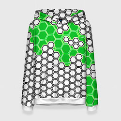 Толстовка-худи женская Зелёная энерго-броня из шестиугольников, цвет: 3D-белый