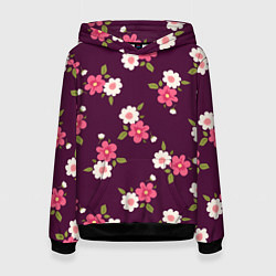 Толстовка-худи женская Цветочный паттерн в розовых оттенках, цвет: 3D-черный