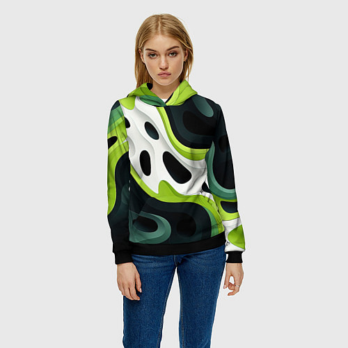 Женская толстовка Белая вязкая текстура на зеленой / 3D-Черный – фото 3