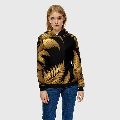 Женская толстовка Золотые объемные листья узоры / 3D-Черный – фото 3