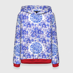 Толстовка-худи женская Новогодняя гжель роспись, цвет: 3D-красный