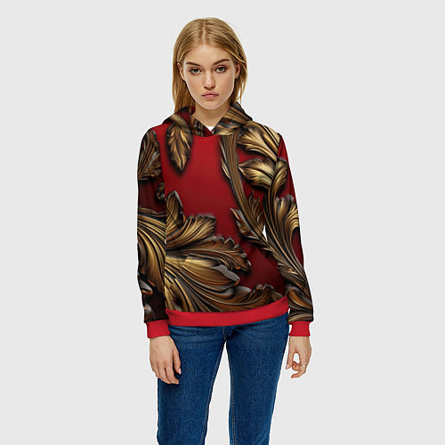 Женская толстовка Золотые объемные листья на красном фоне / 3D-Красный – фото 3