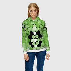 Толстовка-худи женская Зелёная кибер броня hexagons, цвет: 3D-белый — фото 2
