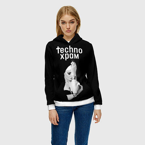 Женская толстовка Techno храм монашка с золотыми браслетами / 3D-Белый – фото 3