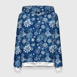 Толстовка-худи женская Snowflakes on a blue background, цвет: 3D-белый