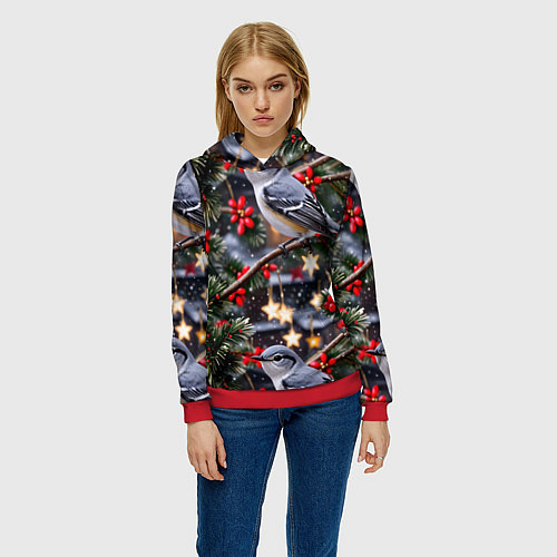 Женская толстовка Рождественская птица пересмешник / 3D-Красный – фото 3