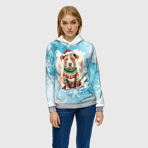 Женская толстовка Питбуль в новогоднем костюме / 3D-Меланж – фото 3