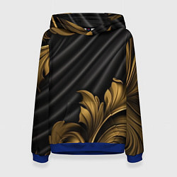 Толстовка-худи женская Лепнина золотые узоры на черной ткани, цвет: 3D-синий