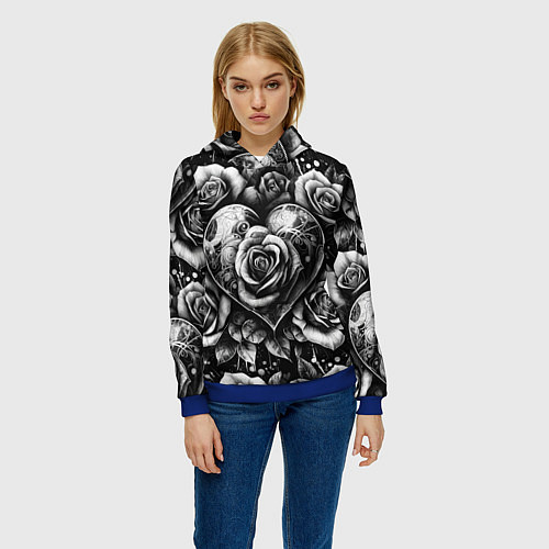 Женская толстовка Черно белое сердце и розы / 3D-Синий – фото 3