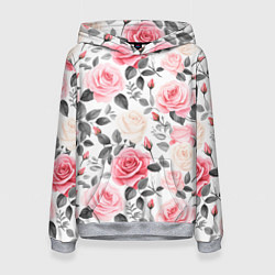 Толстовка-худи женская Розовые розы и серые листочки - паттерн, цвет: 3D-меланж