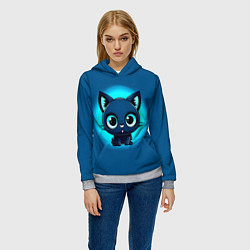 Толстовка-худи женская Котёнок на синем, цвет: 3D-меланж — фото 2
