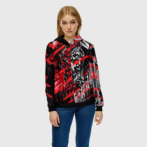 Женская толстовка Железный череп и красные линии / 3D-Черный – фото 3