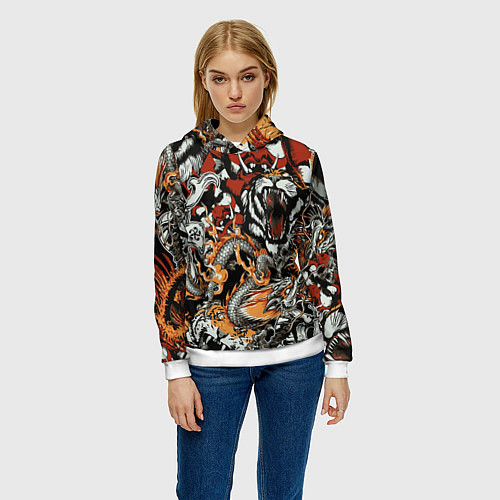 Женская толстовка Самурай дракон и тигр / 3D-Белый – фото 3