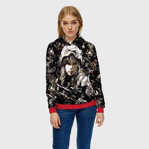 Женская толстовка Блондинка снайпер в камуфляже / 3D-Красный – фото 3