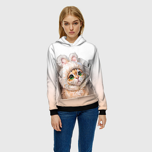 Женская толстовка Милый кот-мем в шапке с ушками - бежевый градиент / 3D-Черный – фото 3