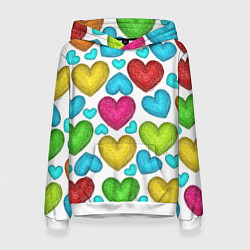 Толстовка-худи женская Сердца нарисованные цветными карандашами, цвет: 3D-белый
