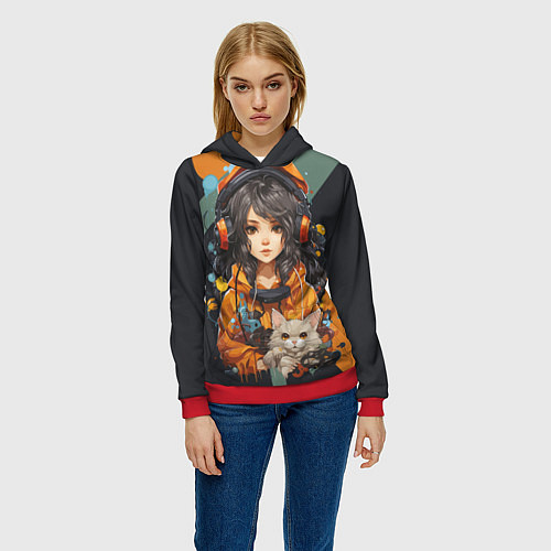 Женская толстовка Красивая девочка-аниме с котенком / 3D-Красный – фото 3
