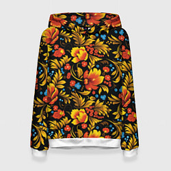 Толстовка-худи женская Русская национальная роспись хохлома, цвет: 3D-белый