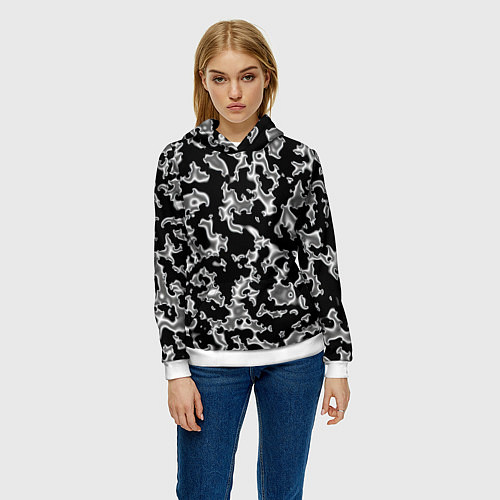 Женская толстовка Капли жидкого металла - камуфляж на чёрном / 3D-Белый – фото 3