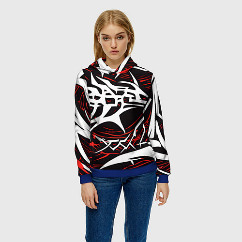 Женская толстовка Белые и красные агрессивные линии на чёрном фоне / 3D-Синий – фото 3