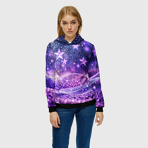 Женская толстовка Абстрактные звезды в фиолетовых искрах / 3D-Черный – фото 3