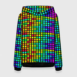 Толстовка-худи женская Разноцветные квадраты на чёрном фоне, цвет: 3D-черный