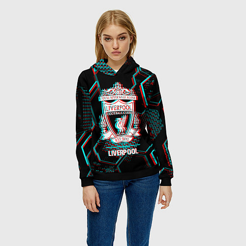 Женская толстовка Liverpool FC в стиле glitch на темном фоне / 3D-Черный – фото 3