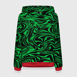 Толстовка-худи женская Узор на черном фоне с ярким зеленым абстрактным ди, цвет: 3D-красный