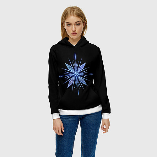 Женская толстовка Голубая снежинка на черном фоне / 3D-Белый – фото 3