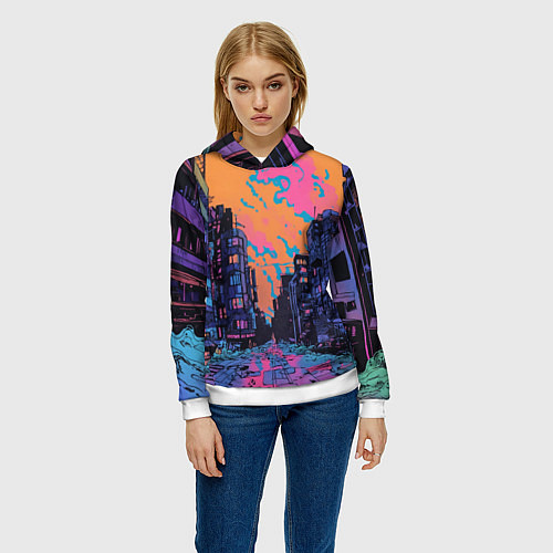 Женская толстовка Киберпанк город в стиле комиксов / 3D-Белый – фото 3