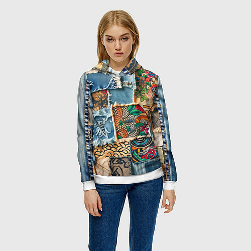 Женская толстовка Японские мотивы на дениме / 3D-Белый – фото 3