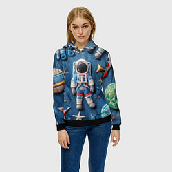 Толстовка-худи женская Космонавт - вышивка по джинсе нейросеть, цвет: 3D-черный — фото 2