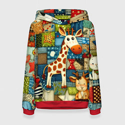 Толстовка-худи женская Жираф и компания - пэчворк нейросеть, цвет: 3D-красный