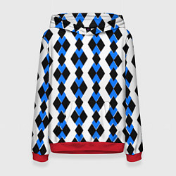 Толстовка-худи женская Чёрные и синие ромбы на белом фоне, цвет: 3D-красный