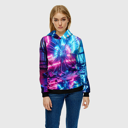 Женская толстовка Разбитая неоновая вывеска - мегаполис / 3D-Черный – фото 3