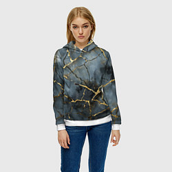 Толстовка-худи женская Золотые линии на серо-голубом фоне, цвет: 3D-белый — фото 2