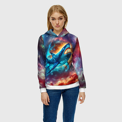 Женская толстовка Космическая неоновая акула - нейросеть / 3D-Белый – фото 3