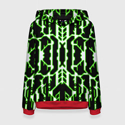 Толстовка-худи женская Техно белые линии с зелёной обводкой на чёрном фон, цвет: 3D-красный