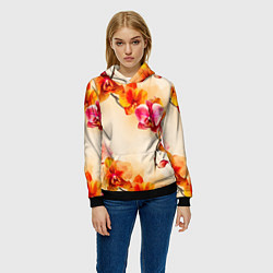 Толстовка-худи женская Оранжевые орхидеи акварельные, цвет: 3D-черный — фото 2