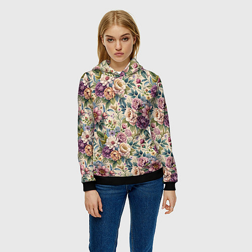 Женская толстовка Нежные цветочные мотивы паттерны / 3D-Черный – фото 3