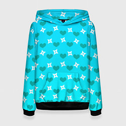 Толстовка-худи женская Сюрикены и сердечки: голубой, цвет: 3D-черный