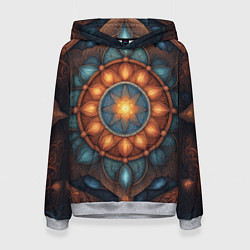 Толстовка-худи женская Симметричный орнамент - мандала узор со светящейся, цвет: 3D-меланж