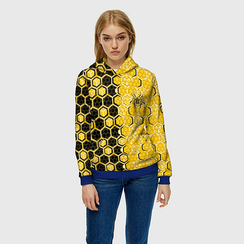 Женская толстовка Киберпанк соты шестиугольники жёлтый и чёрный с па / 3D-Синий – фото 3