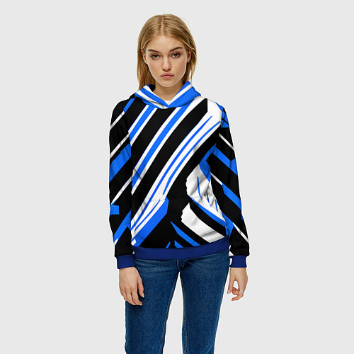Женская толстовка Чёрно-синие полосы на белом фоне / 3D-Синий – фото 3
