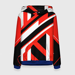 Толстовка-худи женская Чёрно-красные полосы на белом фоне, цвет: 3D-синий