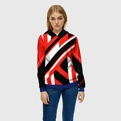 Толстовка-худи женская Чёрно-красные полосы на белом фоне, цвет: 3D-синий — фото 2
