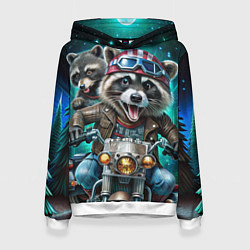 Толстовка-худи женская Модный енот байкер на мотоцикле, цвет: 3D-белый